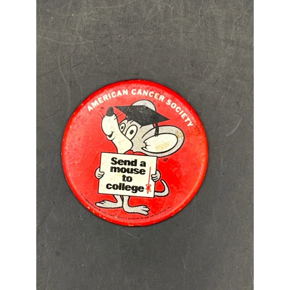 Vtg American Cancer Society Pinback Button Send A Mouse to College Pin‎ 1969